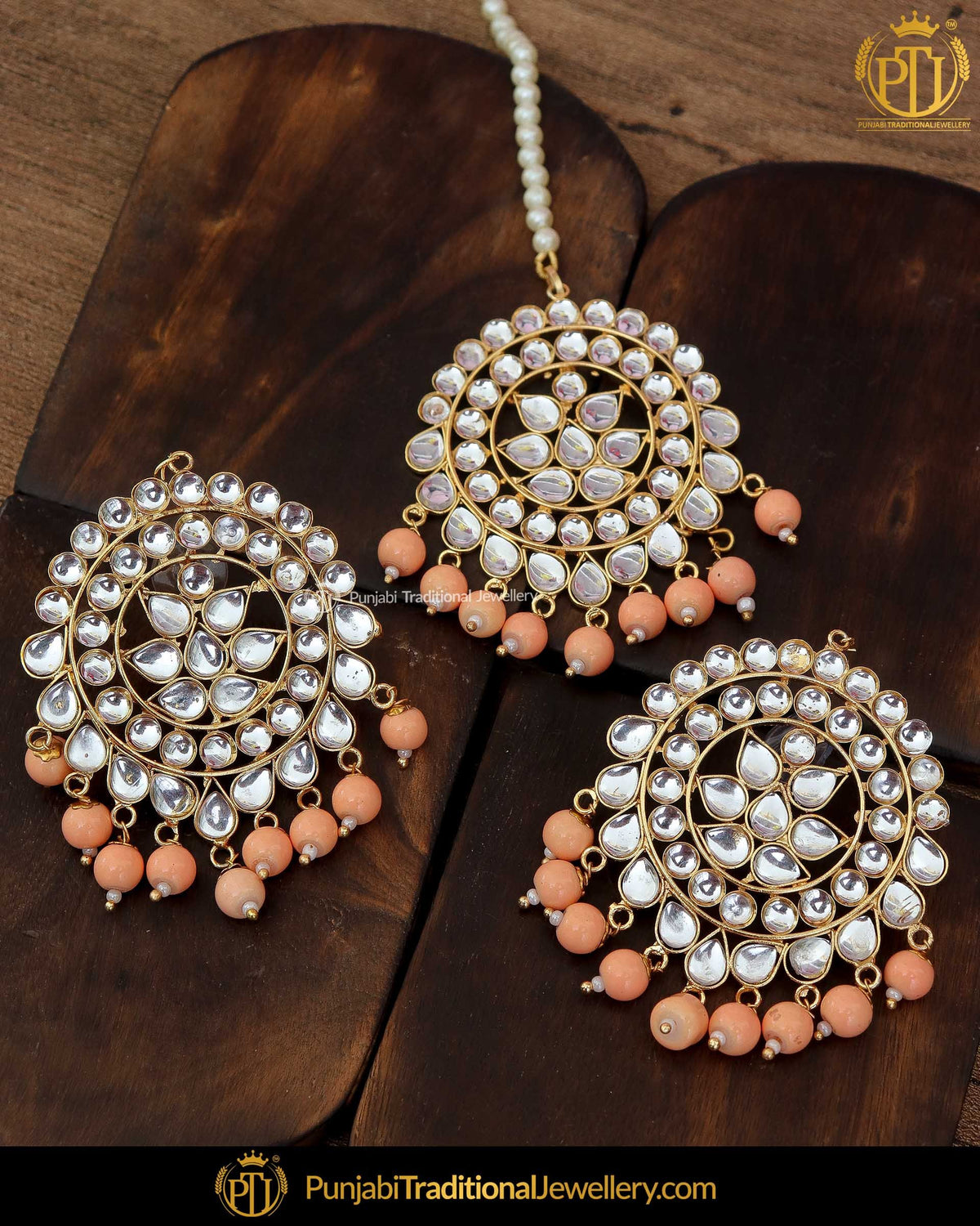 Gold Finished Kundan Peach Stud  Earring Tikka Set By Punjabi Traditional Jewellery