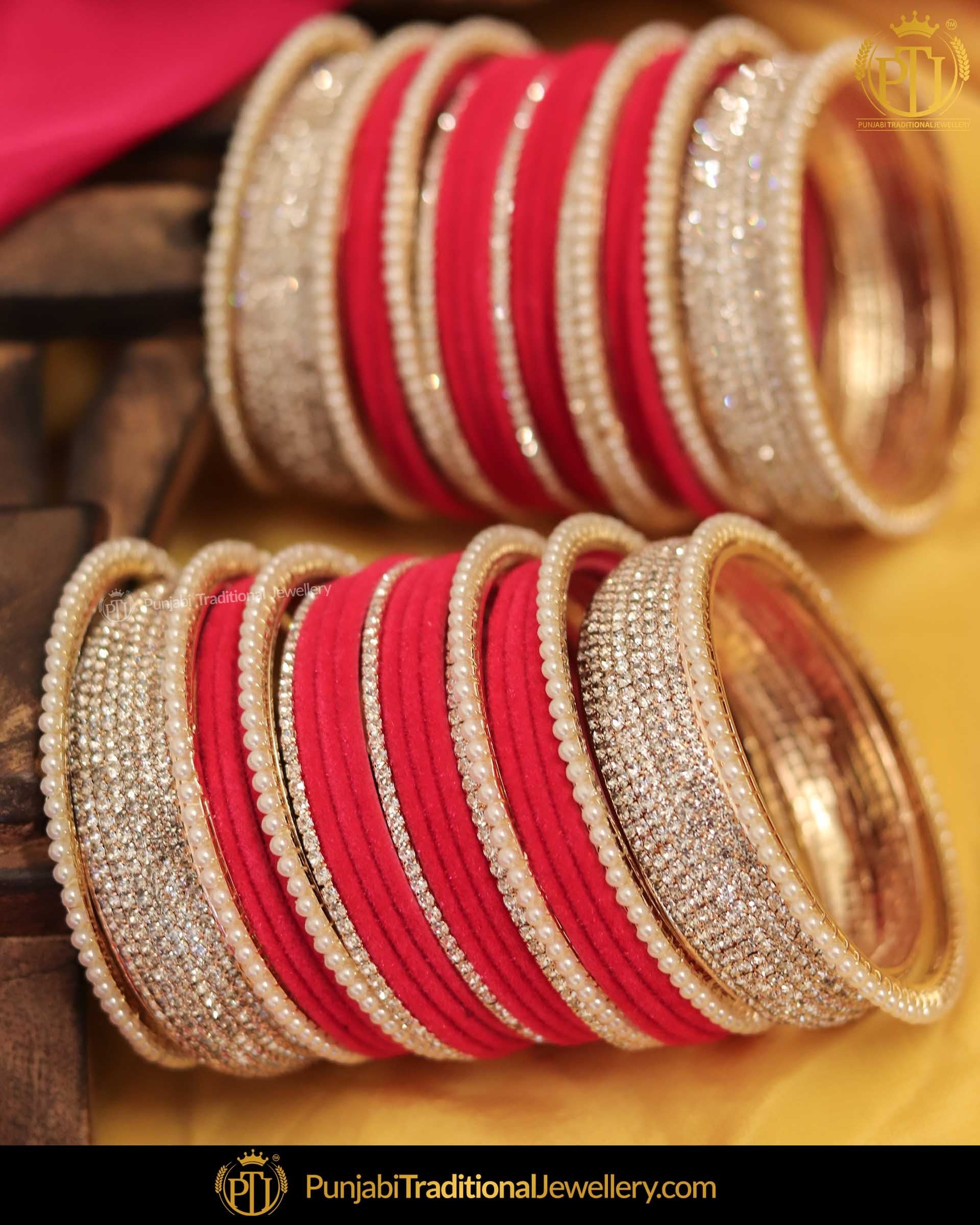 AD Stone Pink Thread Pearl Bangles Set (Both Hands Pair) | Punjabi Traditional Jewellery Exclusive