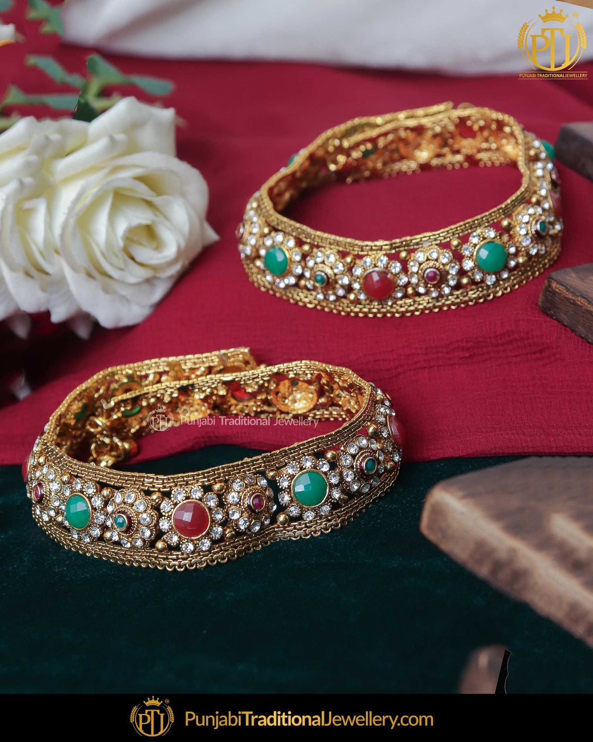 Gold Finished Pearl Rubby Emerald Payal | Punjabi Traditional Jewellery Exclusive