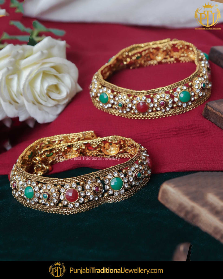 Gold Finished Pearl Rubby Emerald Payal | Punjabi Traditional Jewellery Exclusive