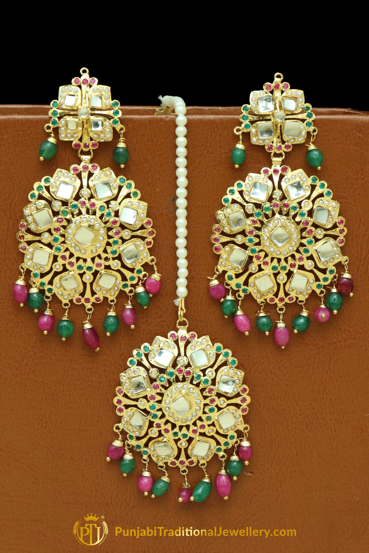 Farzeen Gold Finished Jadau Earrings With Tikka | Punjabi Traditional Jewellery Exclusive