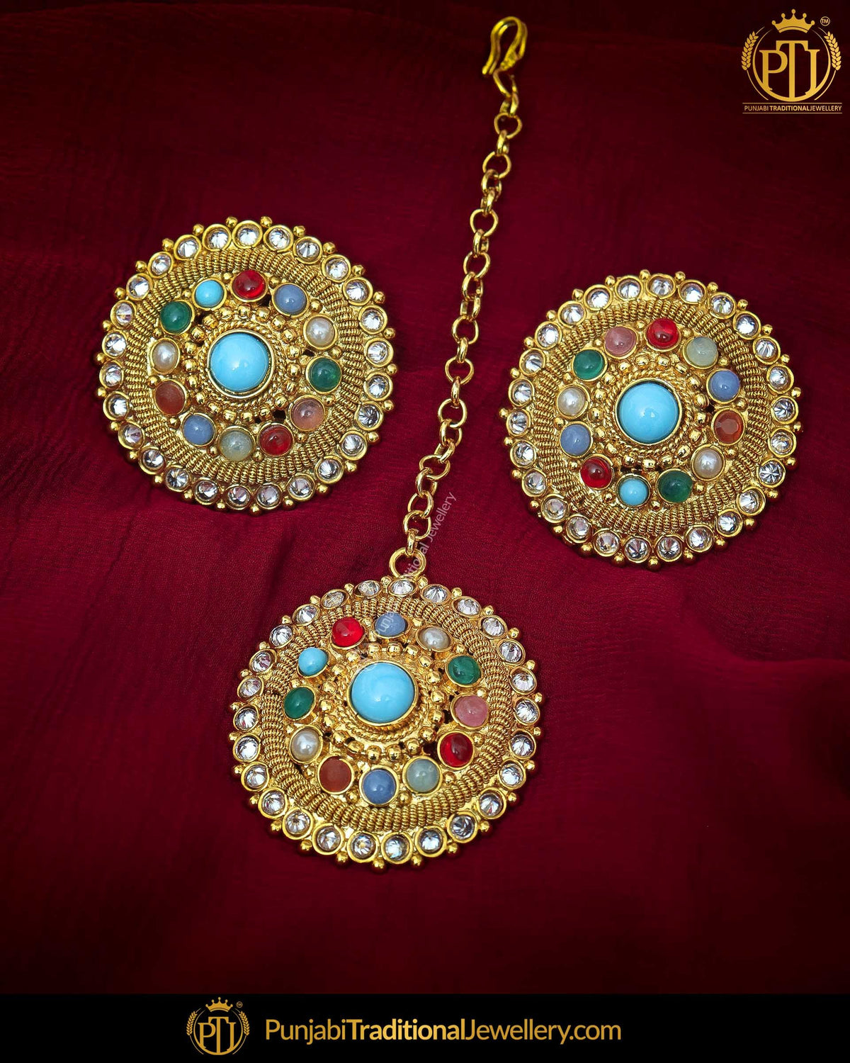 Antique Gold Finished Navratan Champagne Stone Stud Earrings & Tikka | Punjabi Traditional Jewellery Exclusive