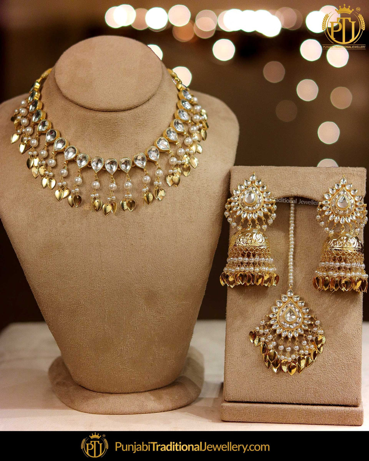 Gold Finished Kundan Pearl Pippal Patti Necklace Set | Punjabi Traditional Jewellery Exclusive