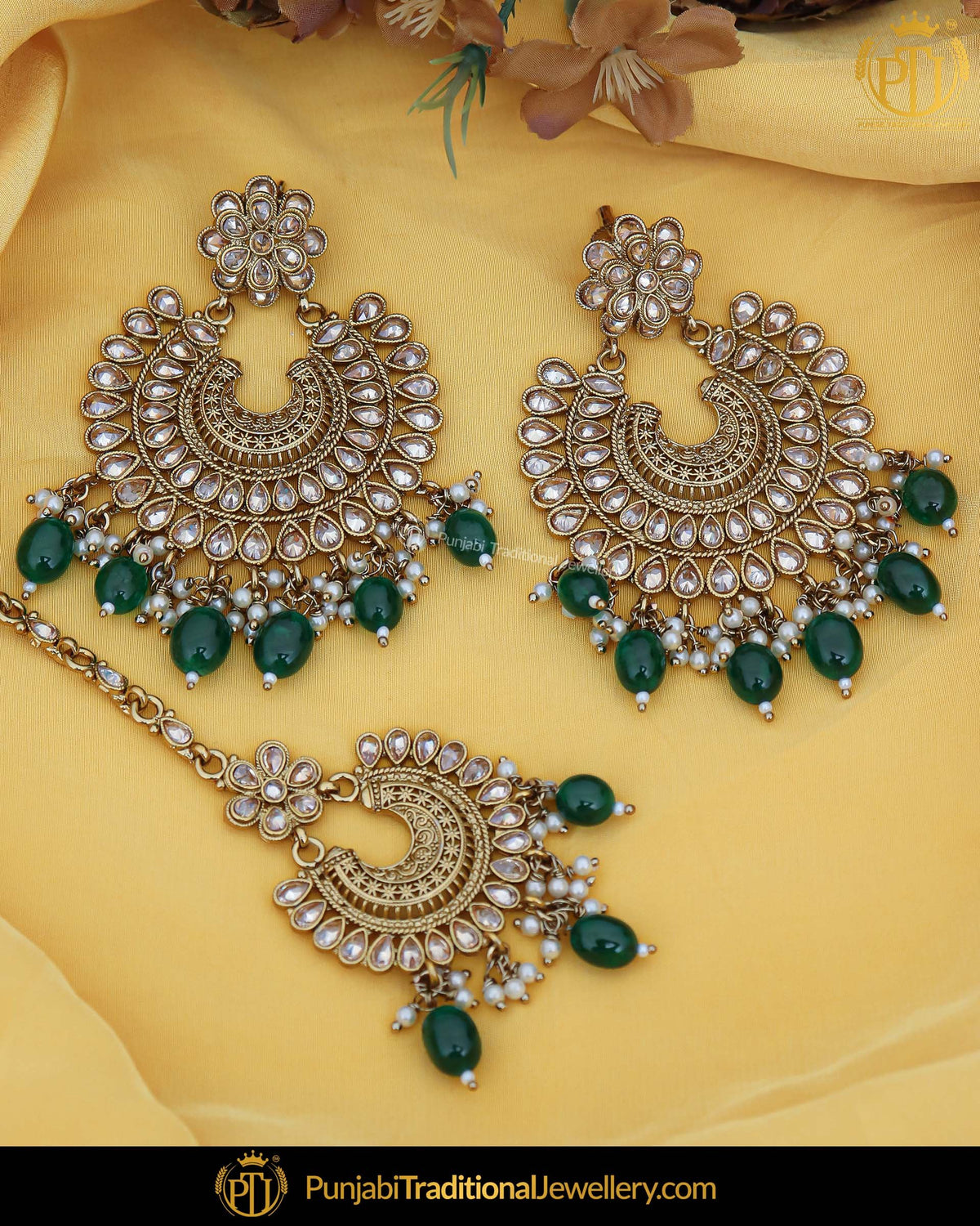 Antique Gold Finished Pearl Emerald Champagne Stone Earring Tikka Set | Punjabi Traditional Jewellery Exclusive