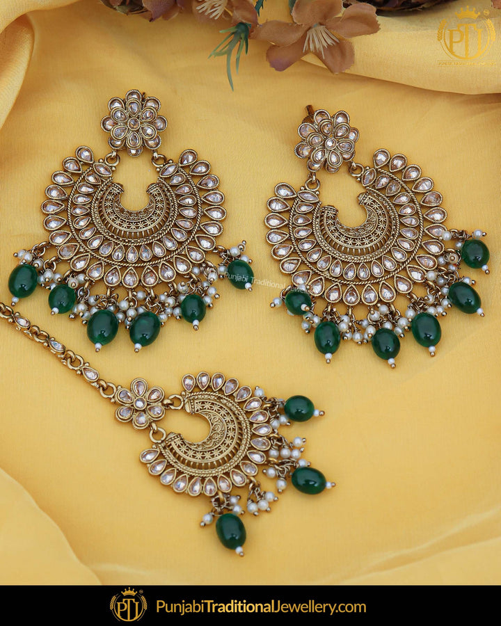 Antique Gold Finished Pearl Emerald Champagne Stone Earring Tikka Set | Punjabi Traditional Jewellery Exclusive