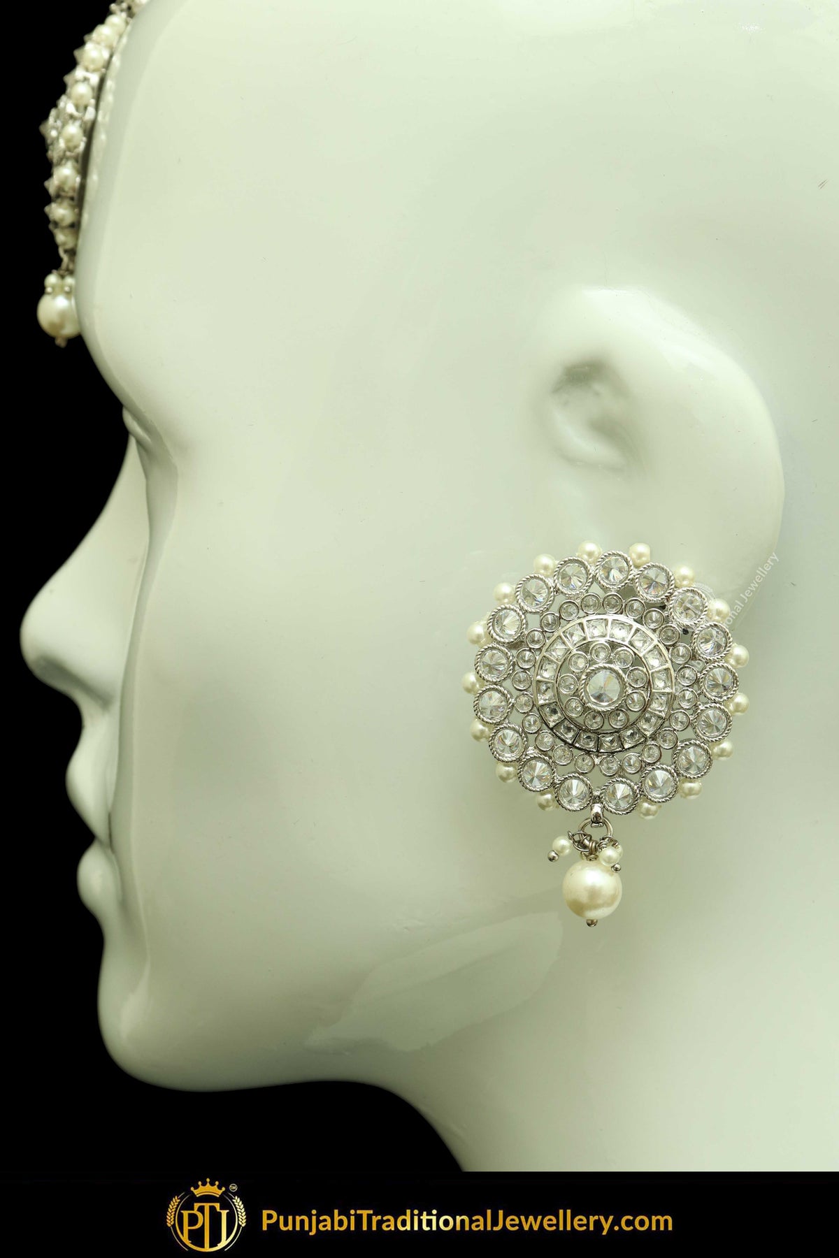 Silver Finished Polki Stone Oversized Stud Earrings & Tikka Set By Punjabi Traditional Jewellery