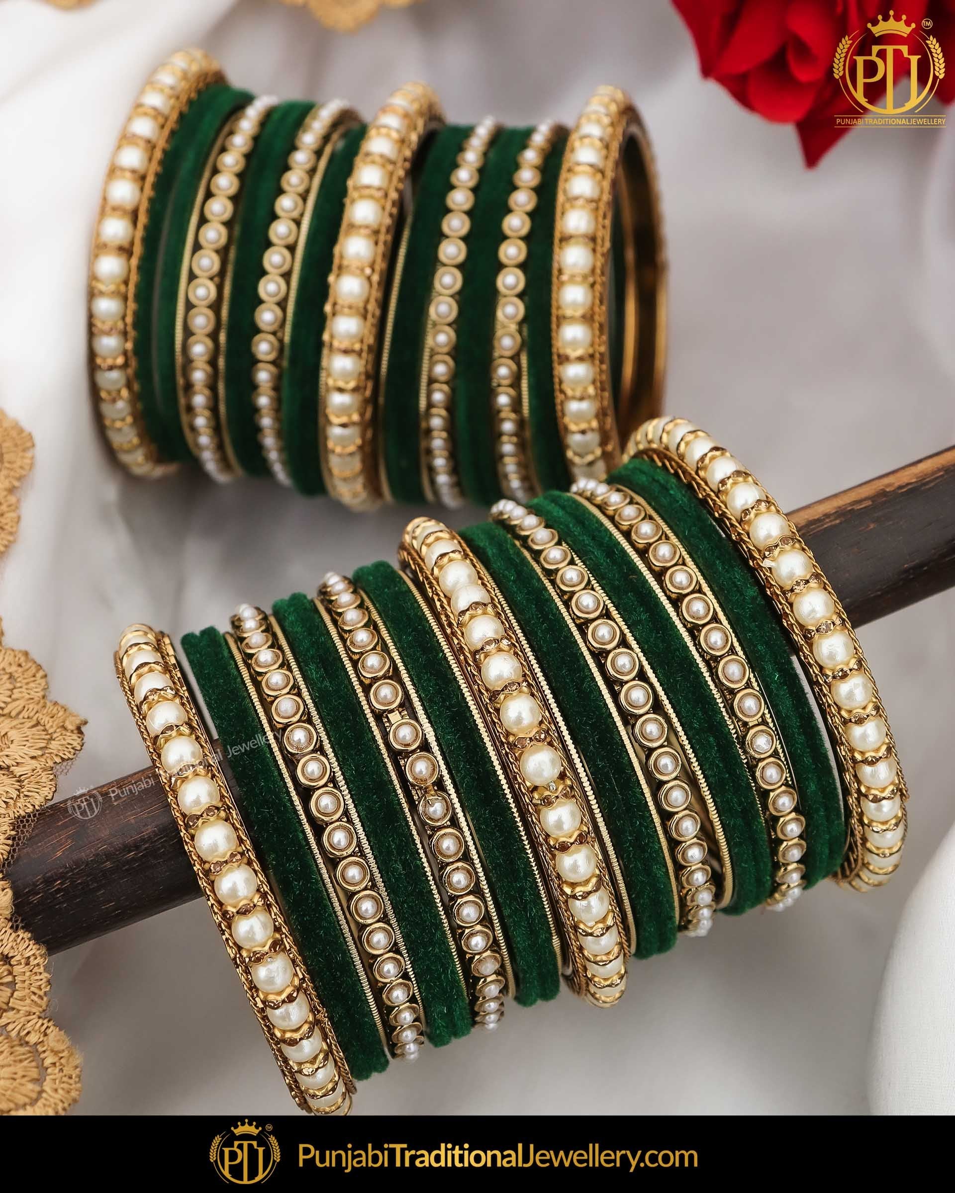 Green Thread Pearl Bangles Set (Both Hand Pair) | Punjabi Traditional Jewellery Exclusive
