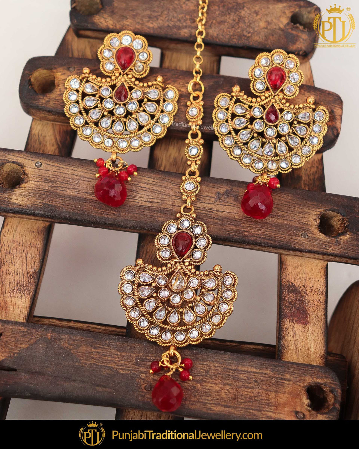 Gold Finished Polki Stone Rubby Pearl Earring Tikka Set | Punjabi Traditional Jewellery Exclusive