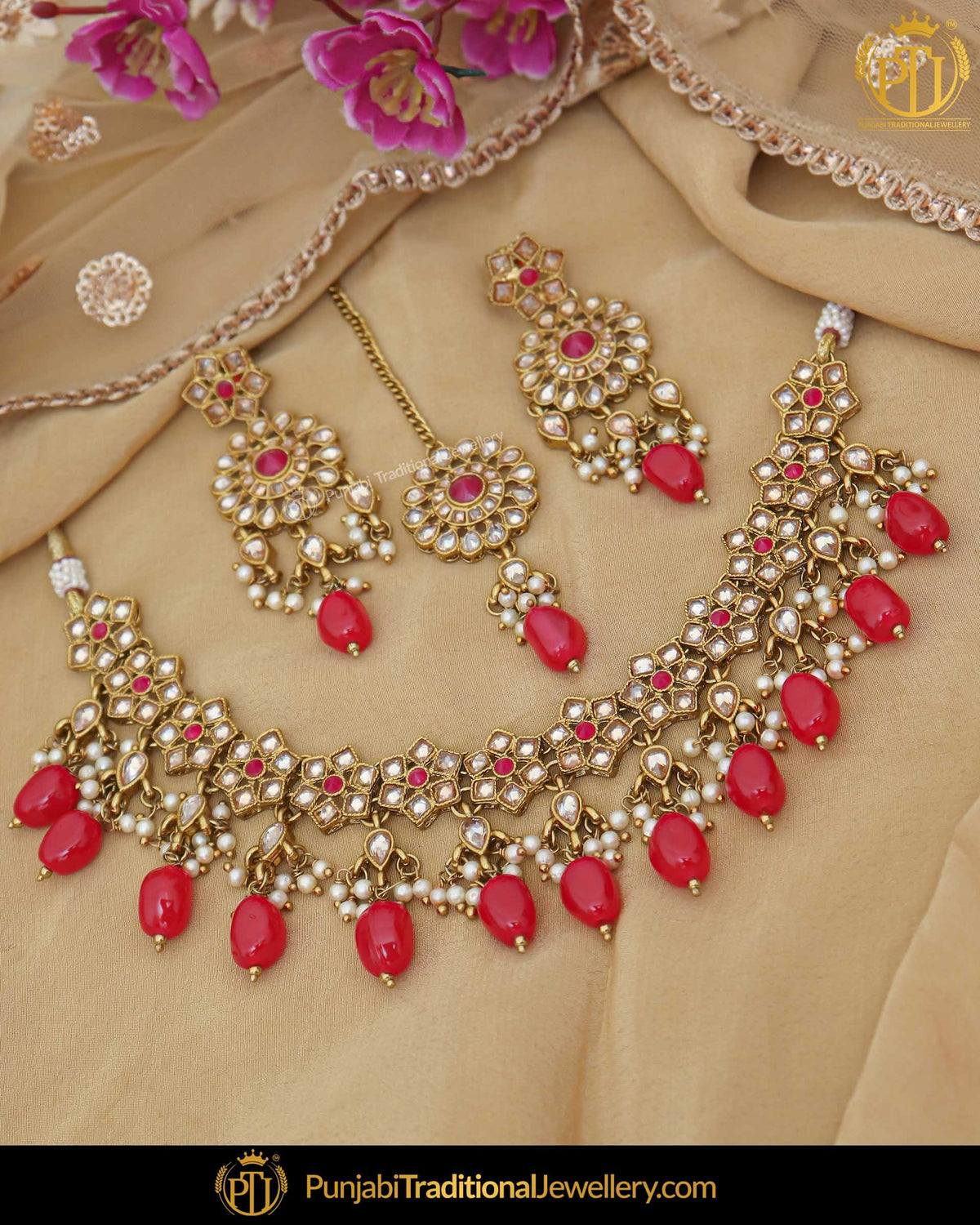 Gold Finished Champagne Stone Red Pearl Necklace Set | Punjabi Traditional Jewellery Exclusive