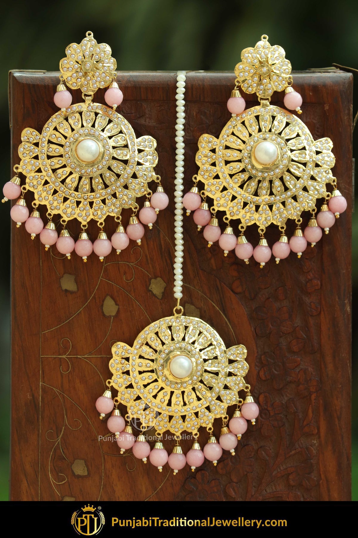 Gold Finished Peach Jadau Pearl Earring Tikka Set | Punjabi Traditional Jewellery Exclusive