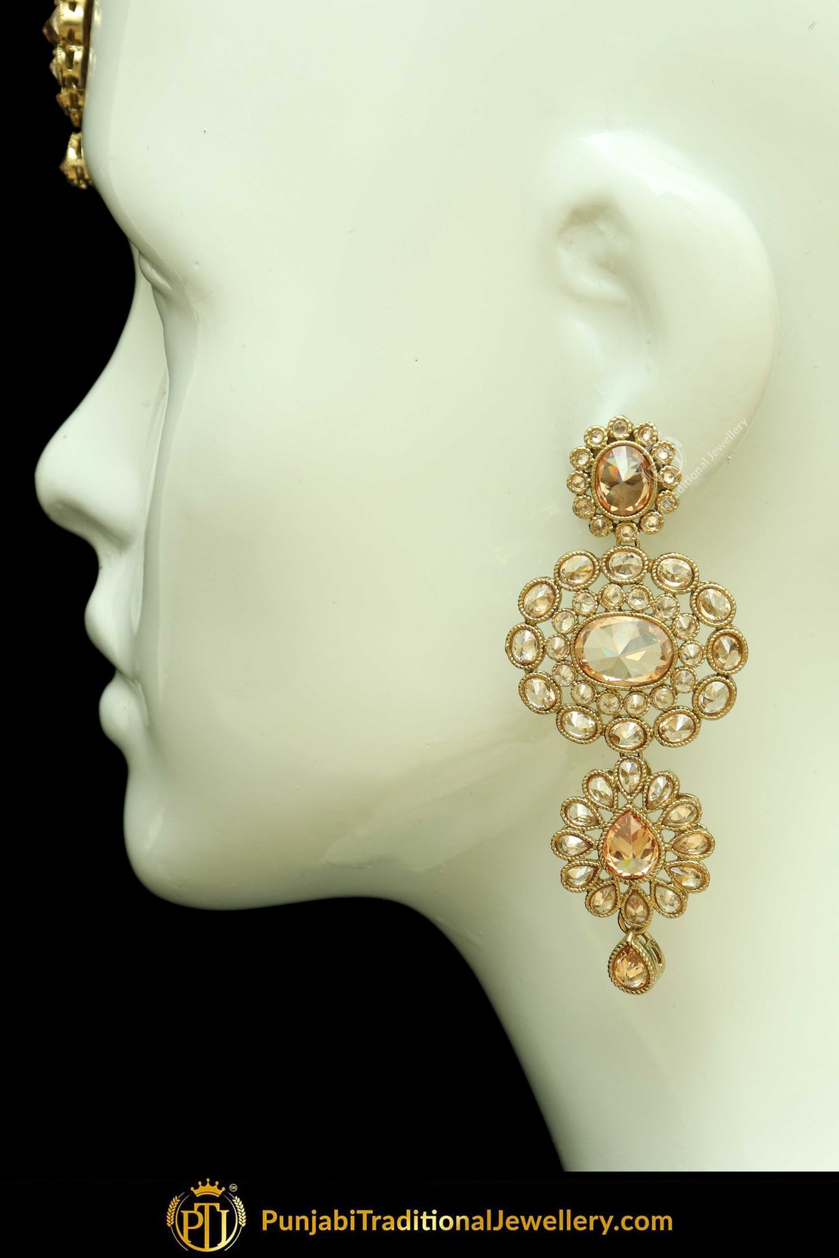 Antique Gold Finised Champagne Stone Earring Tikka Set By Punjabi Traditional Jewellery