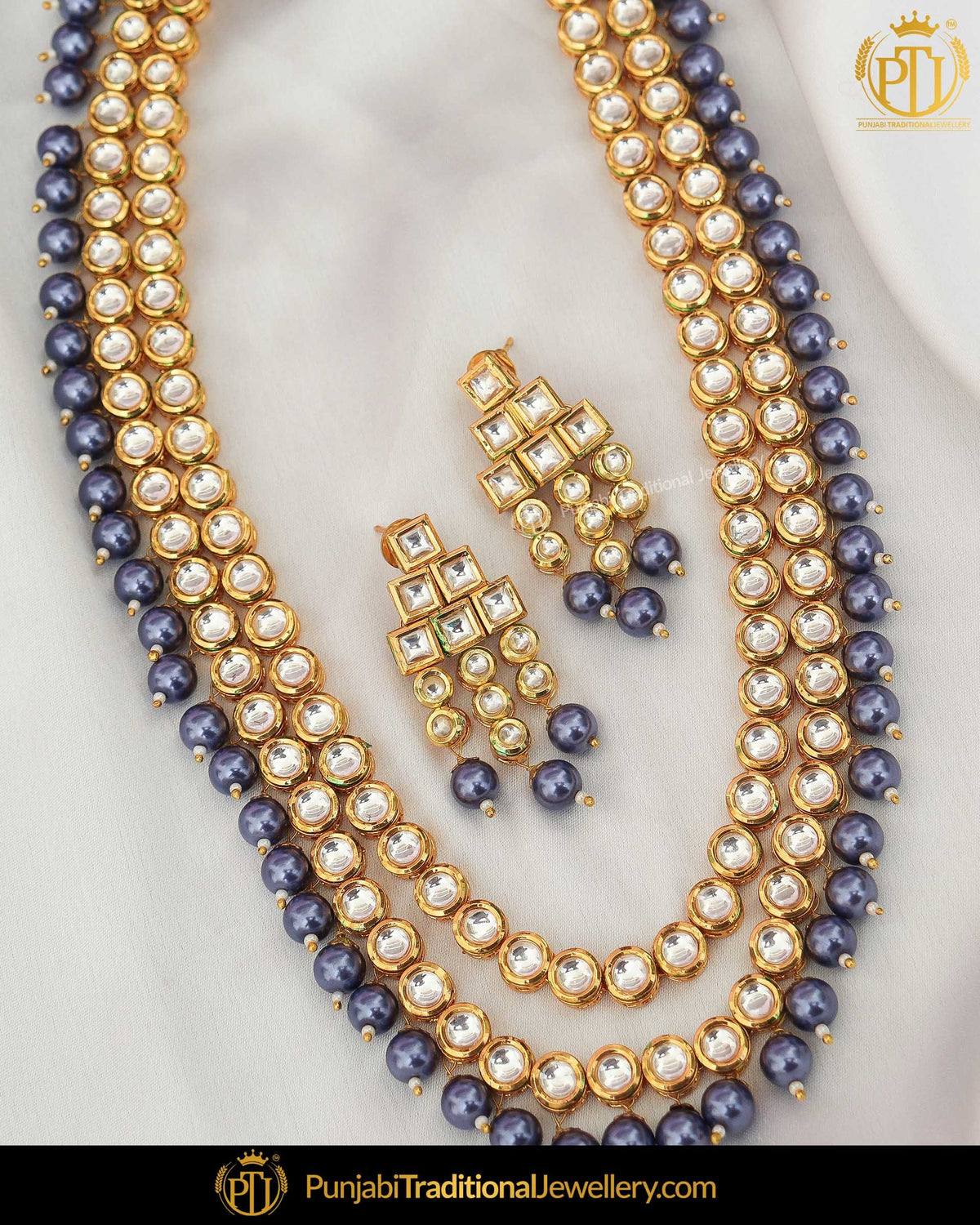 Gold Finished Metallic Blue Pearl Kundan Long Necklace Set | Punjabi Traditional Jewellery Exclusive
