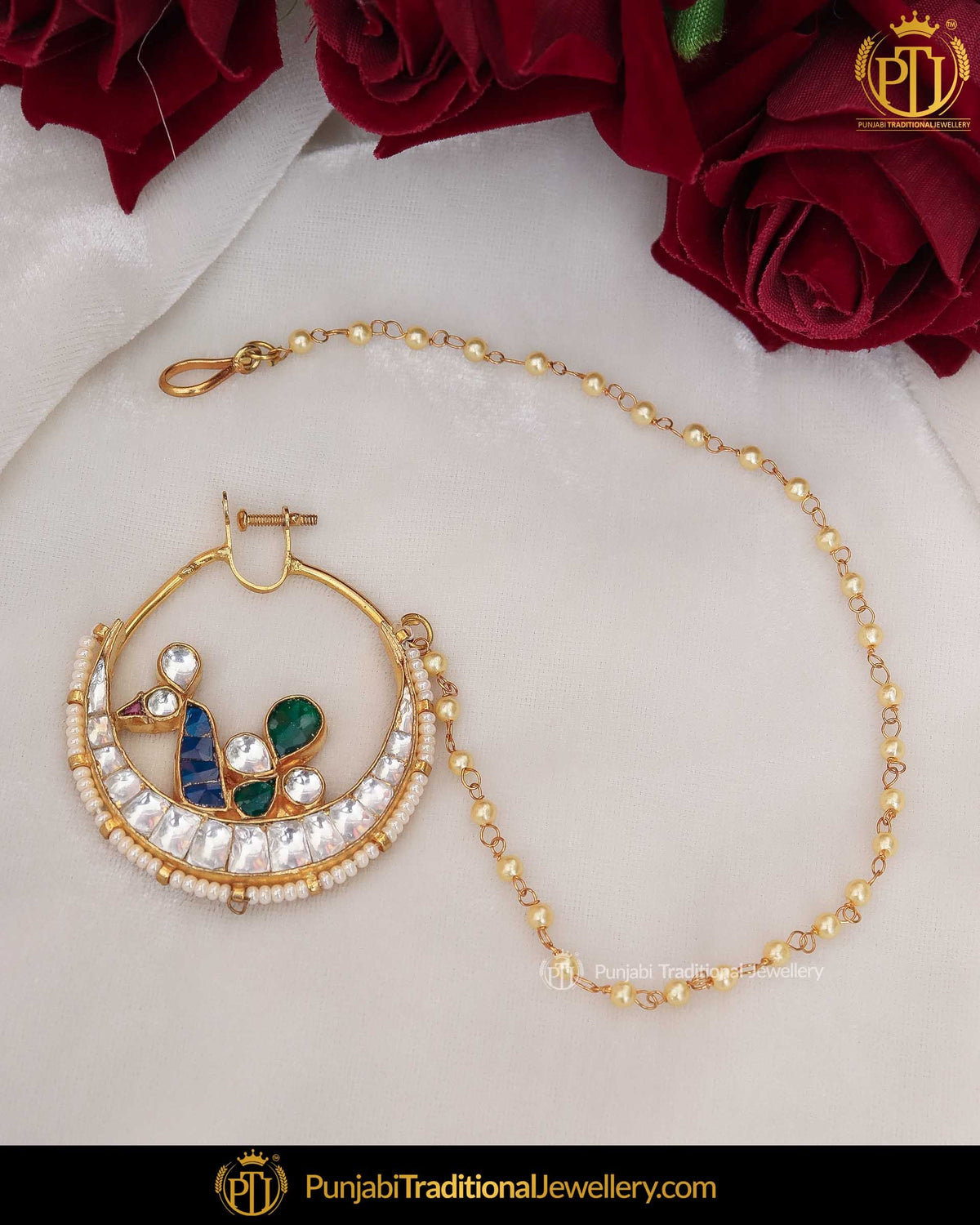 Gold Finished Blue, Rubby & Emeald Kundan Pearl Nath | Punjabi Traditional Jewellery Exclusive