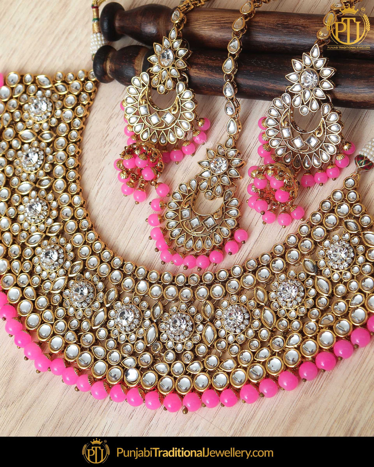 Gold Finished Pink Kundan Pearl Necklace Set | Punjabi Traditional Jewellery Exclusive