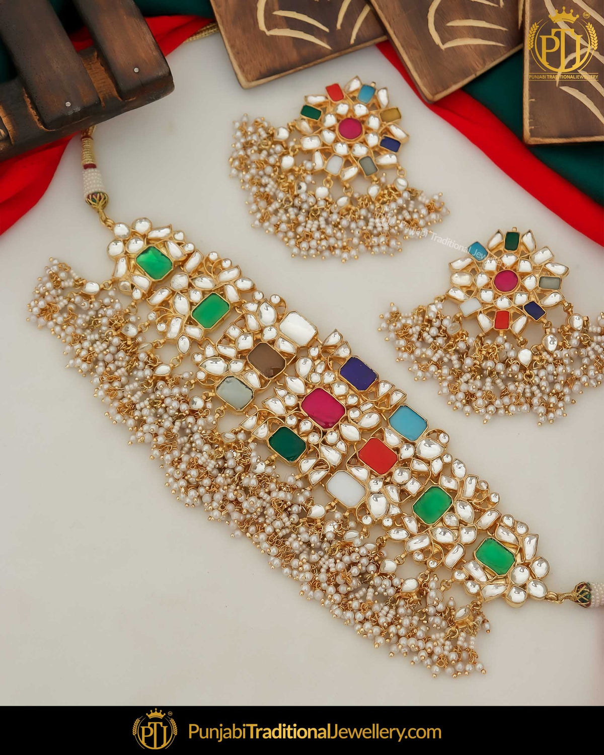 Gold Finished Navratan Kundan Pearl Choker Set | Punjabi Traditional Jewellery Exclusive