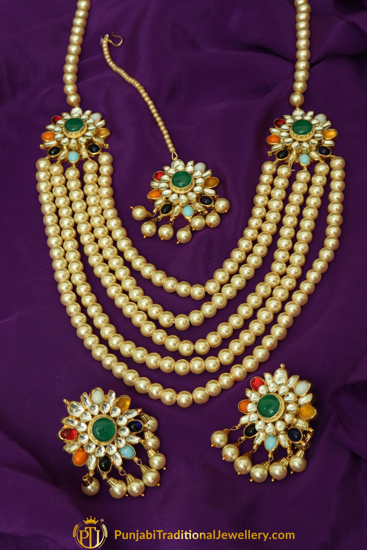Faiza Navratan Kundan Pearl Long With Stud Earring Tikka Set | Punjabi Traditional Jewellery Exclusive