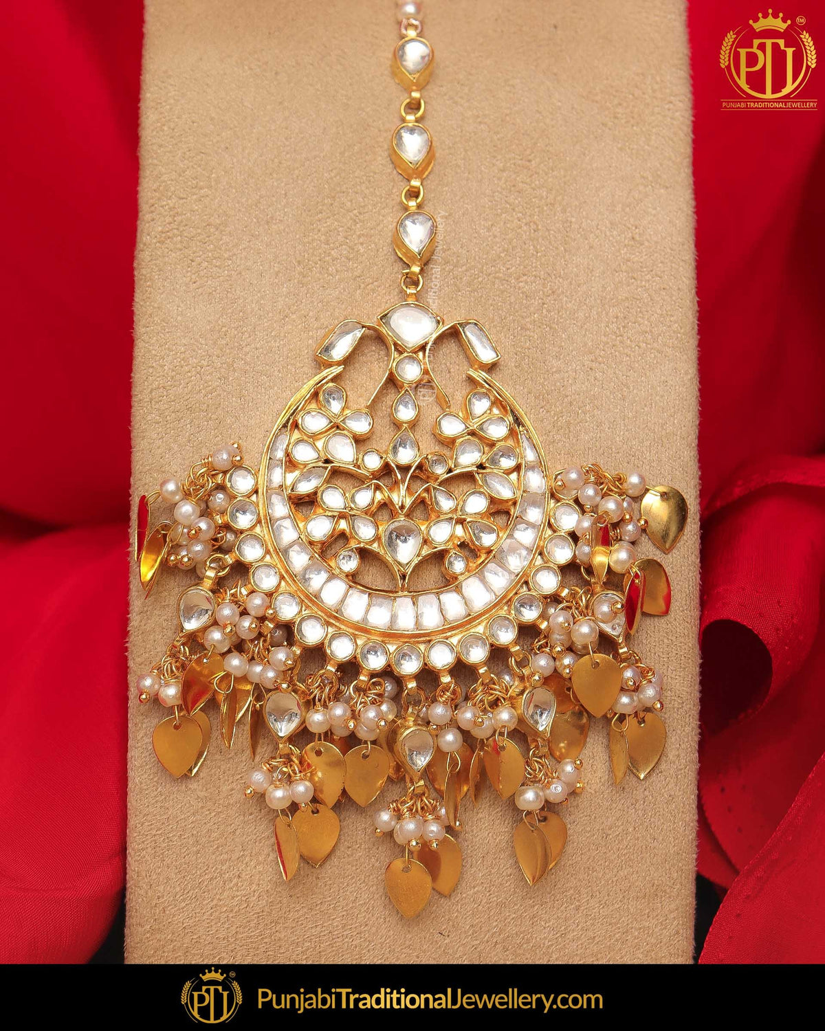 Gold Finished Pippal Patti Rubby Kundan Pearl Tikka | Punjabi Traditional Jewellery Exclusive