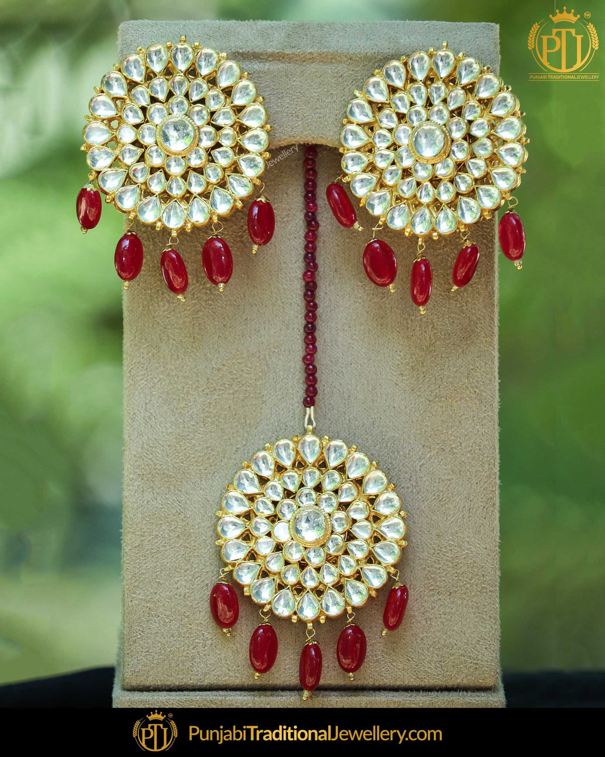 Gold Finished Rubby Pearl Kundan Stud Earrings & Tikka Set | Punjabi Traditional Jewellery Exclusive