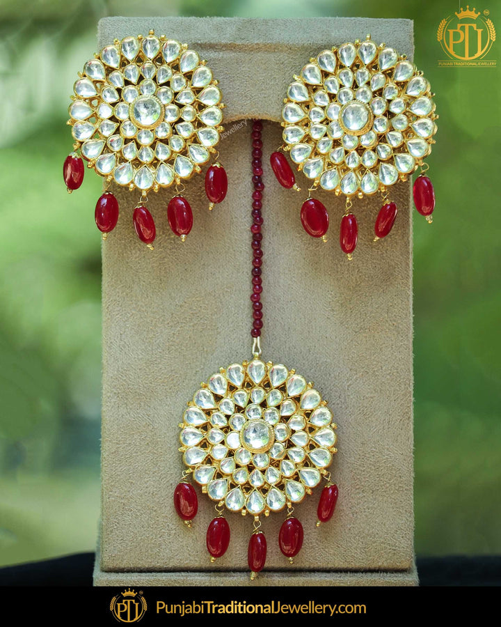Gold Finished Rubby Pearl Kundan Stud Earrings & Tikka Set | Punjabi Traditional Jewellery Exclusive