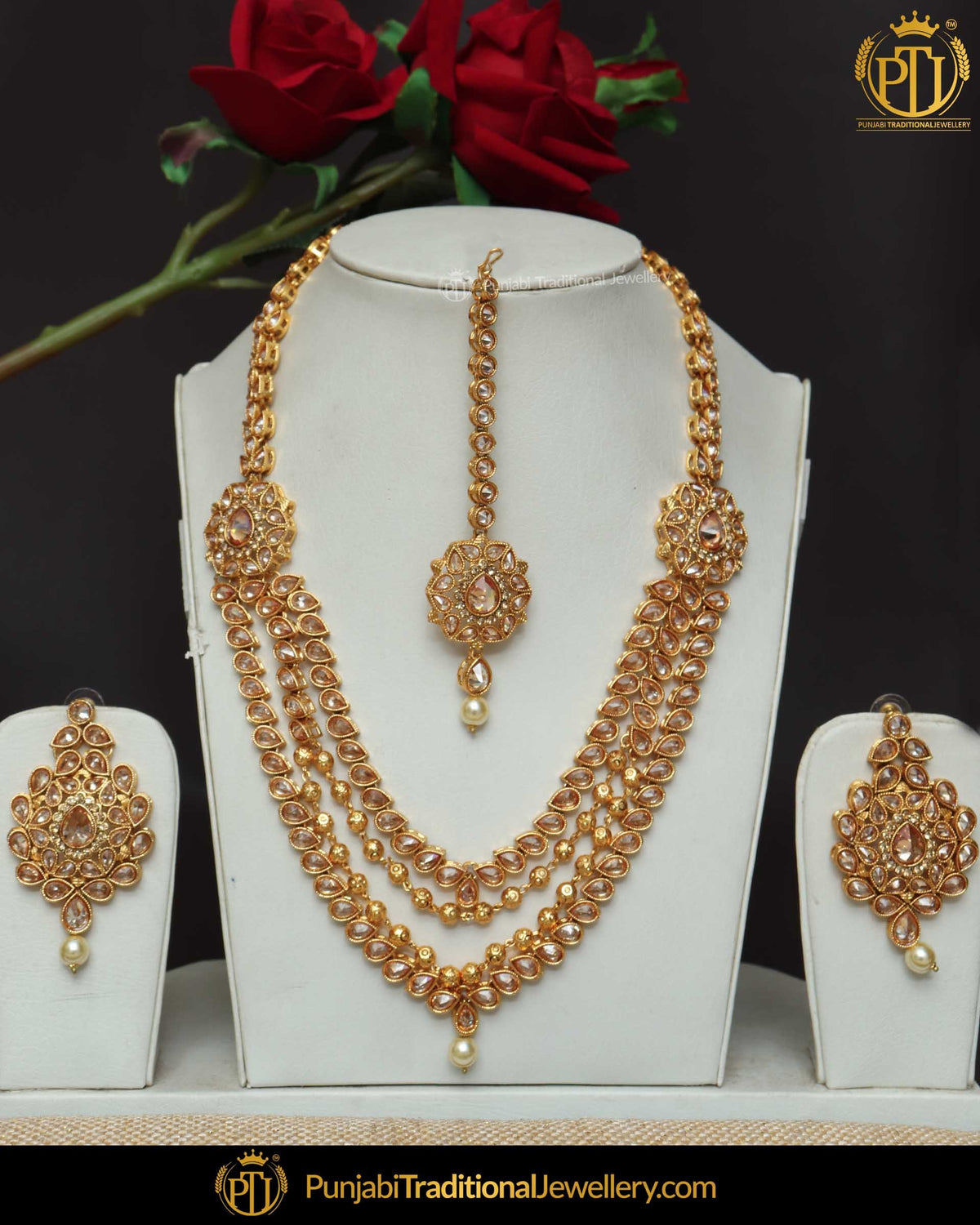Gold Finished Champagne Stone Pearl Choker Necklace Set  | Punjabi Traditional Jewellery Exclusive