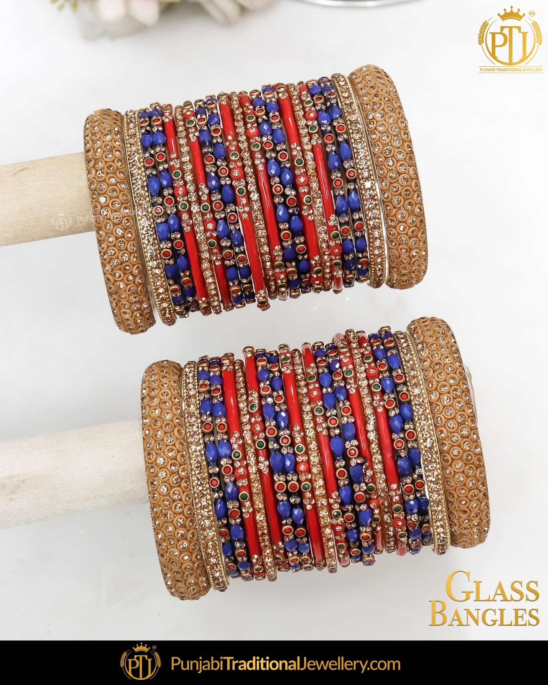 Red & Blue (For Both Hands) Glass Bangles Set | Punjabi Traditional Jewellery Exclusive