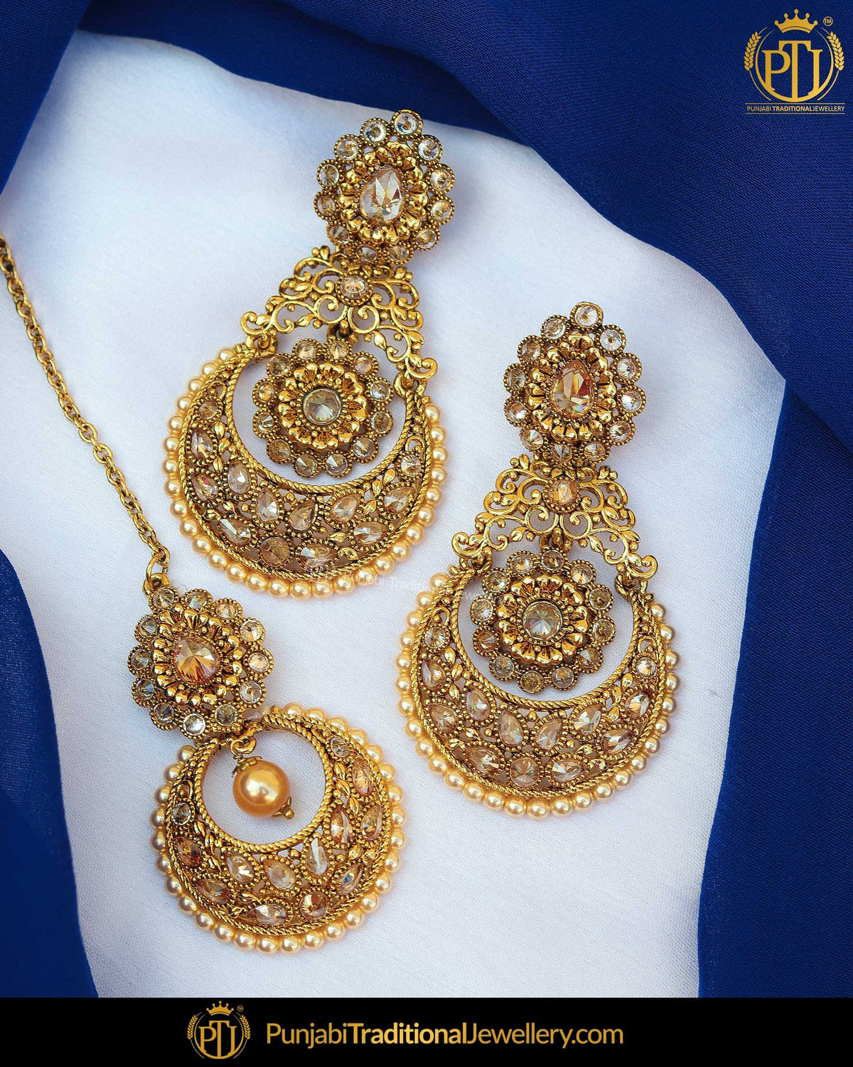 Gold Finished Chamapgne Stone Pearl Earring Tikka Set | Punjabi Traditional Jewellery Exclusive