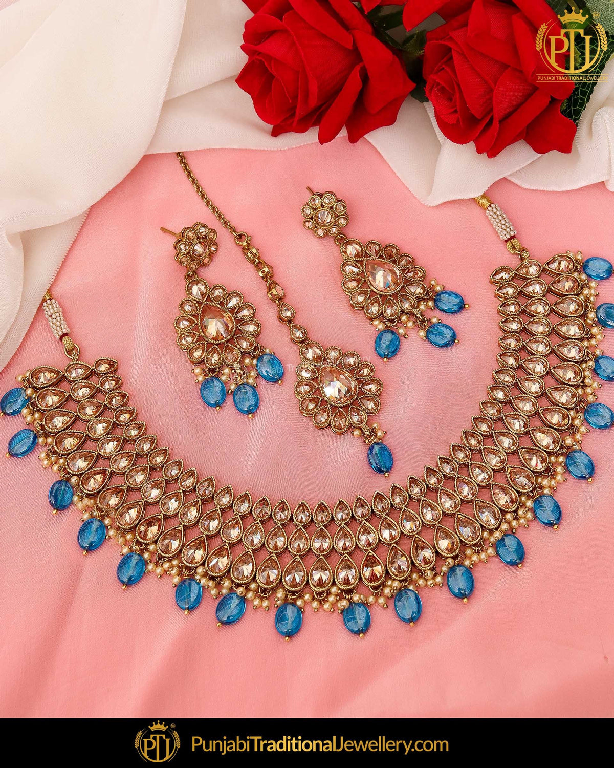 Antique Gold Finished Firozi Chamapgne Stone Necklace Set | Punjabi Traditional Jewellery Exclusive