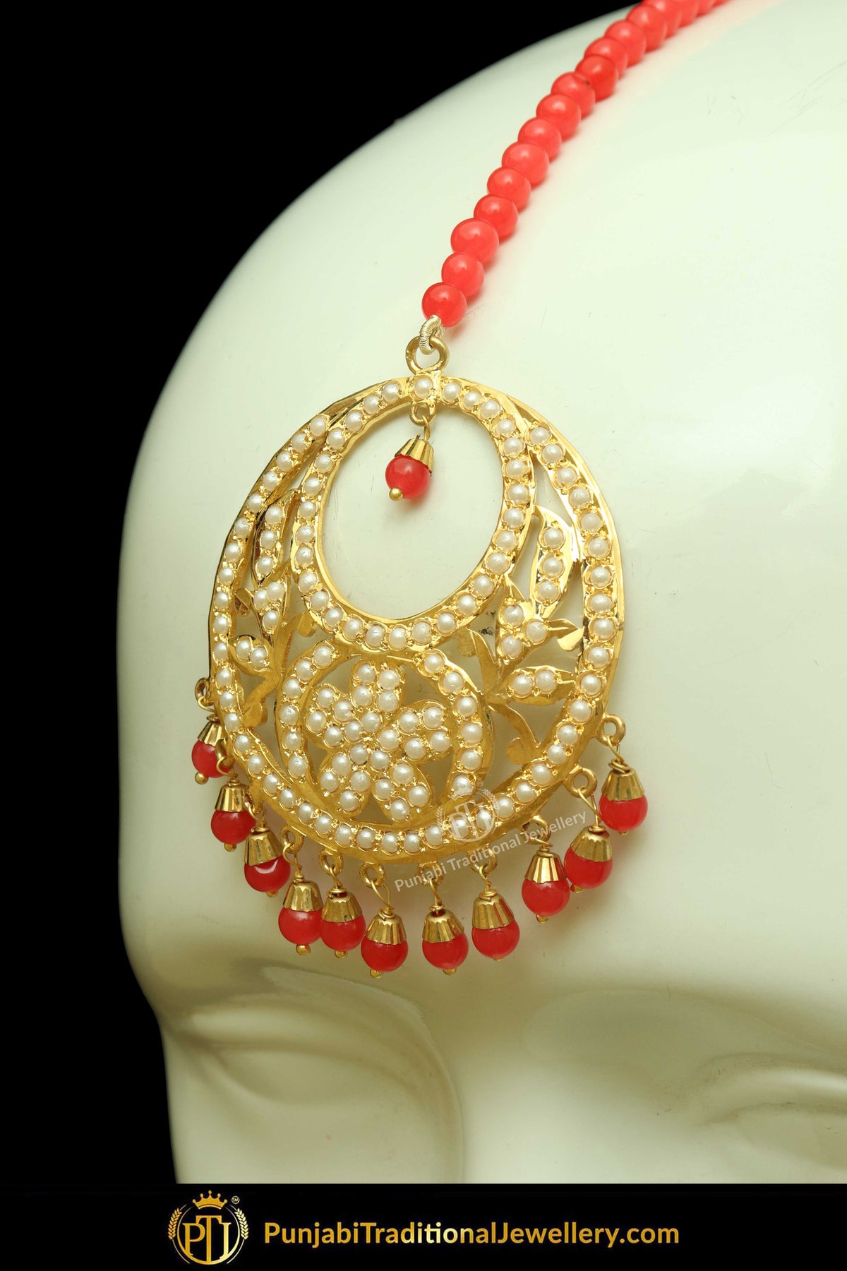 Gold Finished Rubby Jadau Pearl Earring Tikka Set | Punjabi Traditional Jewellery Exclusive