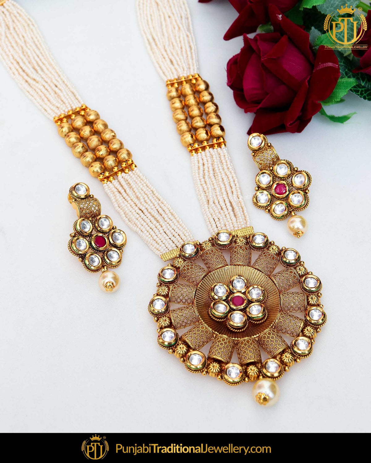 Antique Gold Finished Kundan Stone Pearl Mala Long  Set  | Punjabi Traditional Jewellery Exclusive