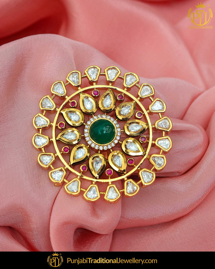 Gold Finished Emerald Kundan Ring | Punjabi Traditional Jewellery Exclusive
