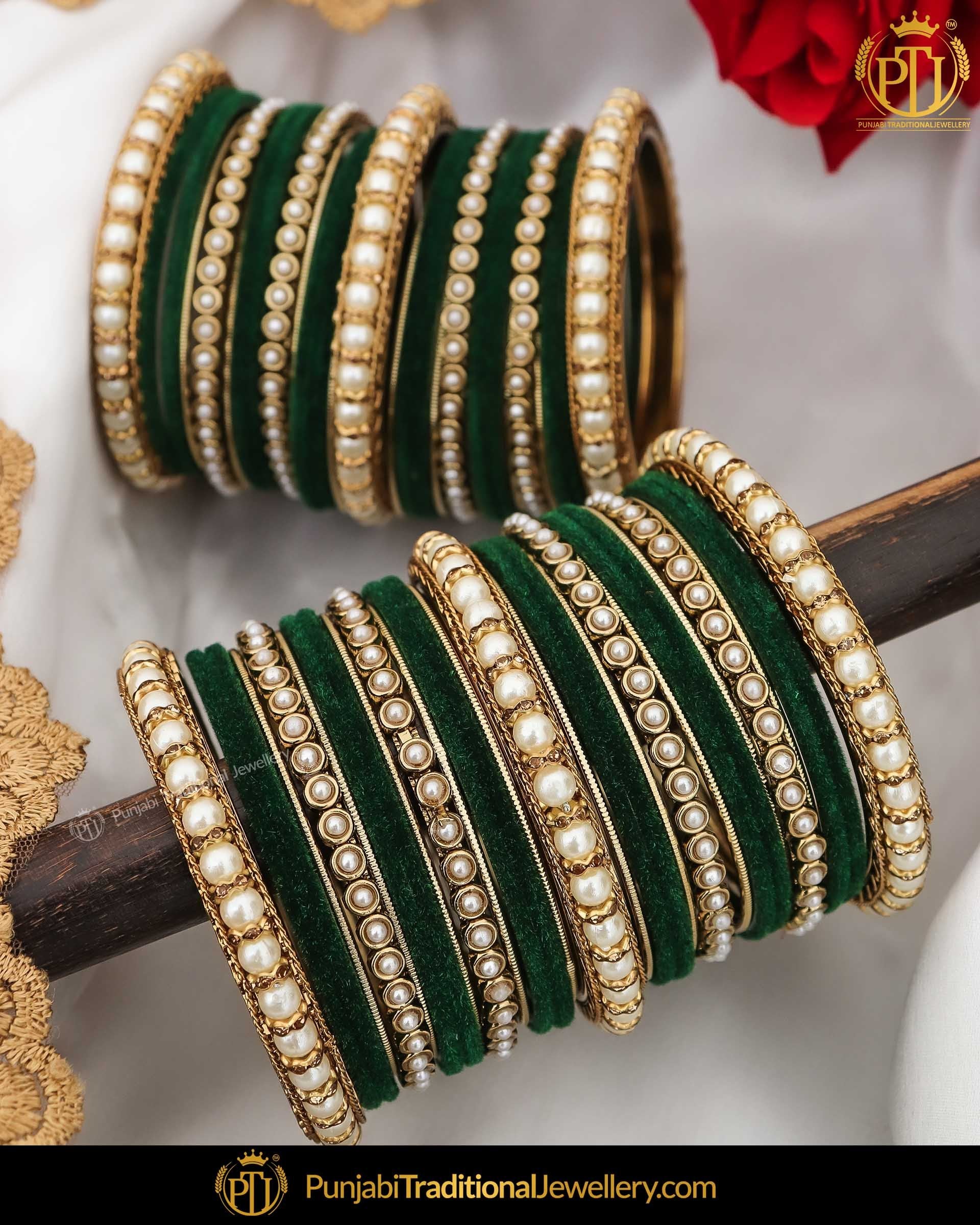 Green Thread Pearl Bangles Set (Both Hand Pair) Punjabi