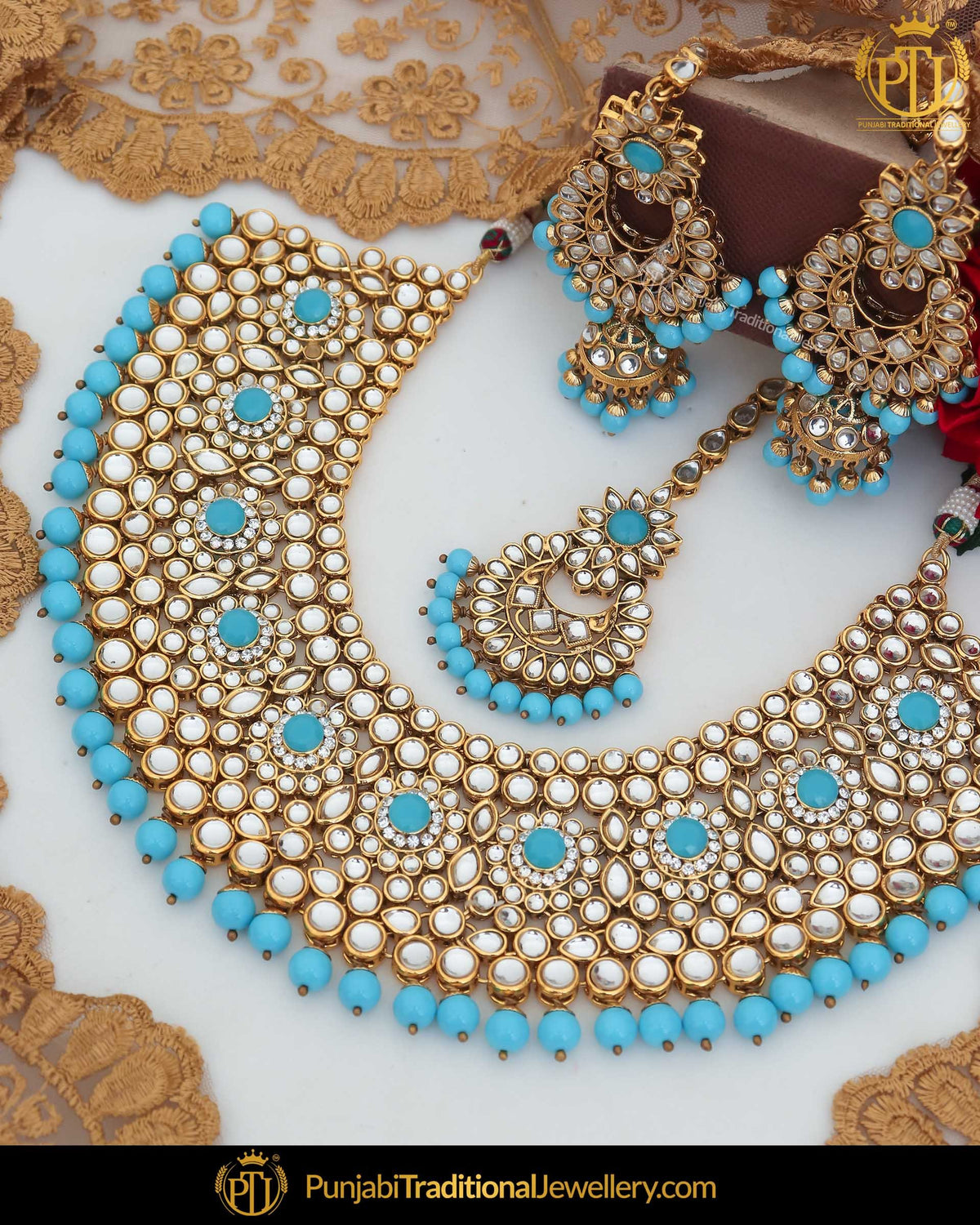 Gold Finished Kundan Firozi Pearl Necklace Set | Punjabi Traditional Jewellery Exclusive
