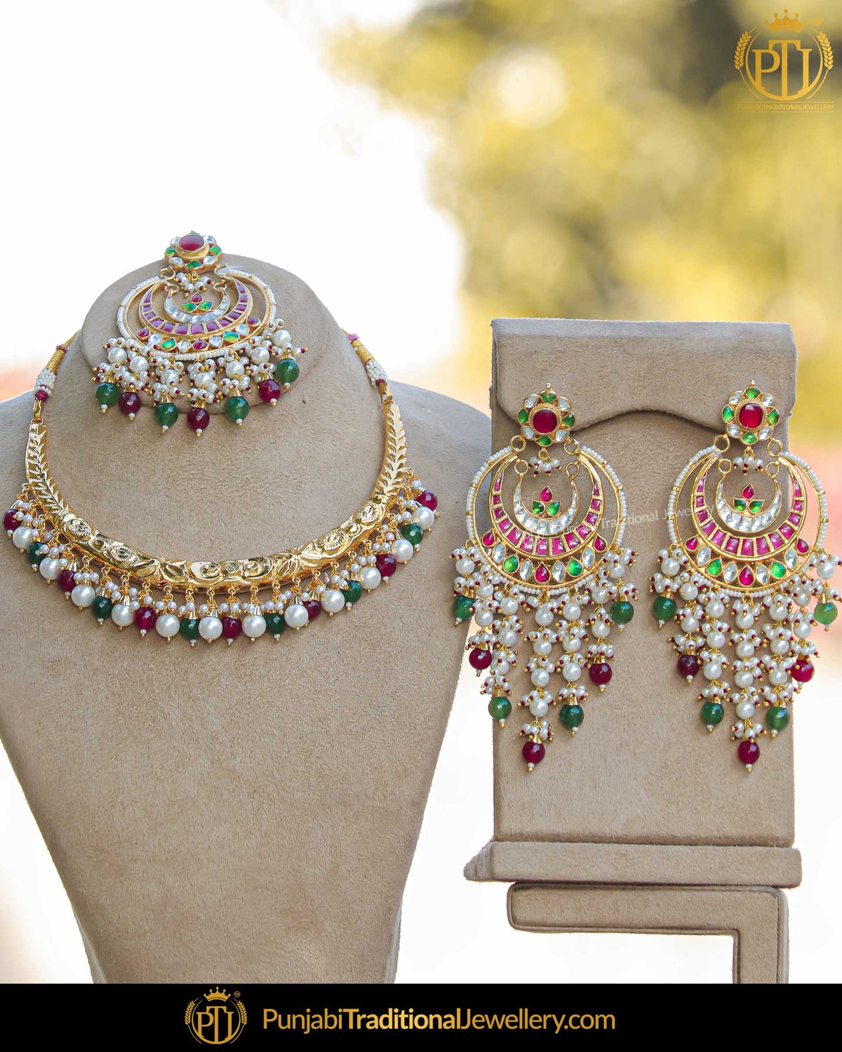 Gold Finished Kundan Pearl Emerald Rubby Hasli Necklace Set | Punjabi Traditional Jewellery Exclusive