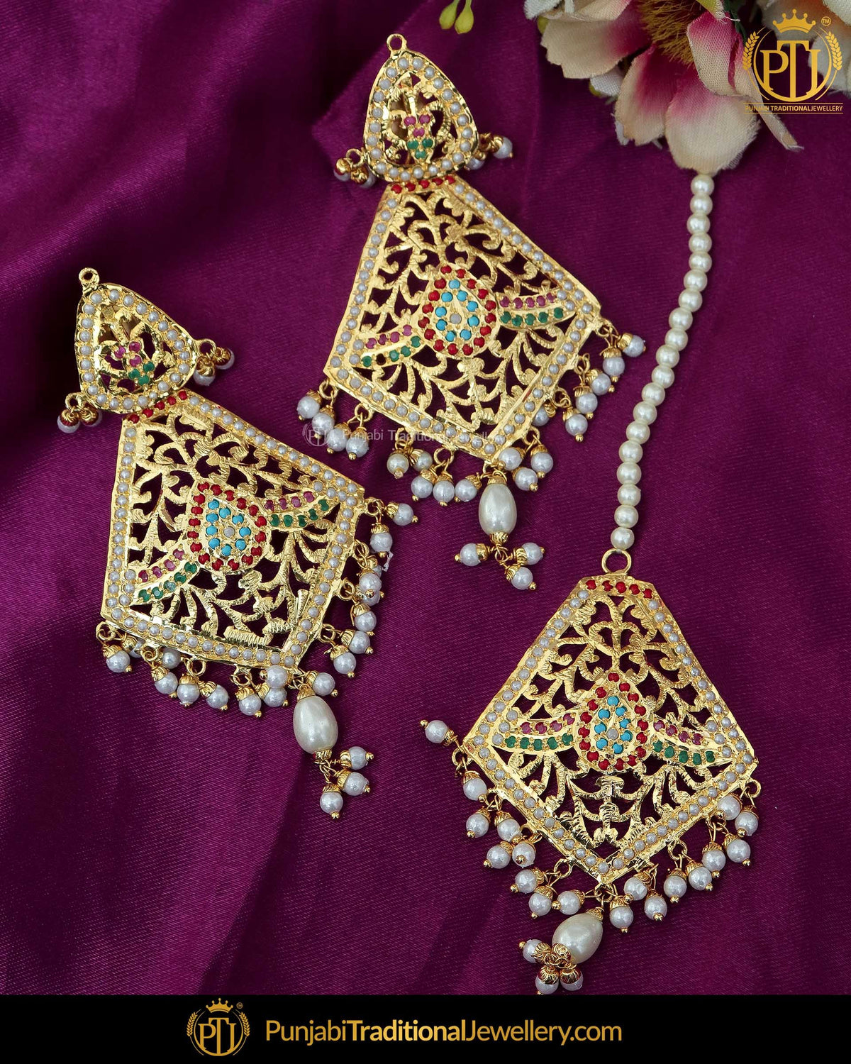 Gold Finished Navratan Jadau Earring Tikka Set | Punjabi Traditional Jewellery Exclusive