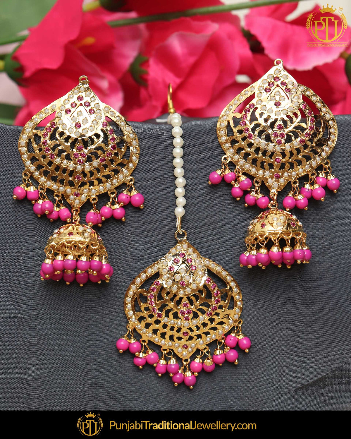 Gold Finished Pink Jadau Pearl Earring Tikka Set | Punjabi Traditional Jewellery Exclusive