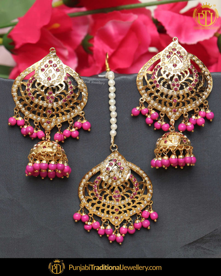 Gold Finished Pink Jadau Pearl Earring Tikka Set | Punjabi Traditional Jewellery Exclusive