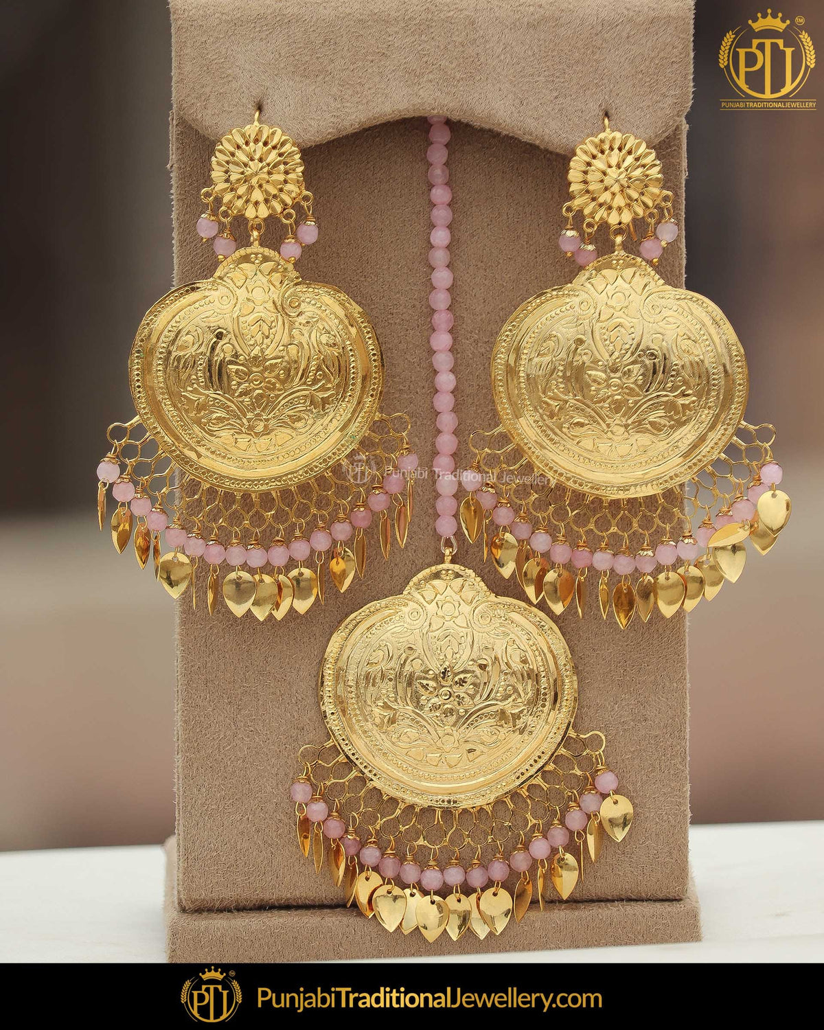Gold Finished Pippal Patti Patra Pink Earring Tikka Set | Punjabi Traditional Jewellery Exclusive