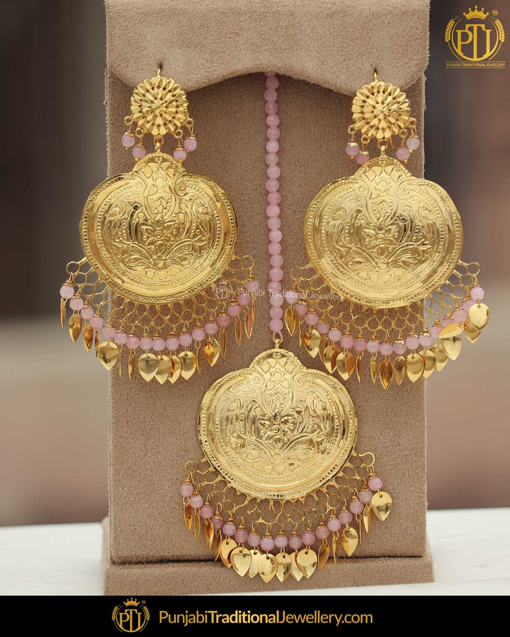 Gold Finished Pippal Patti Patra Pink Earring Tikka Set | Punjabi Traditional Jewellery Exclusive