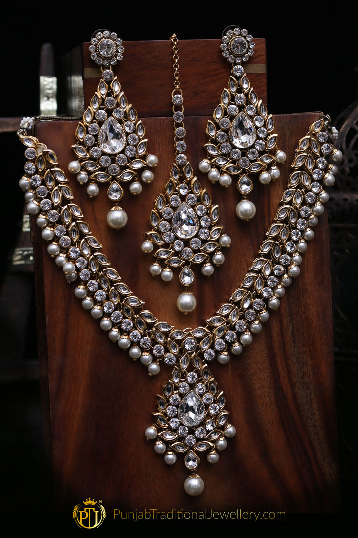 White & Golden Kundan/Jerkan Necklace Set By Punjabi Traditional Jewellery
