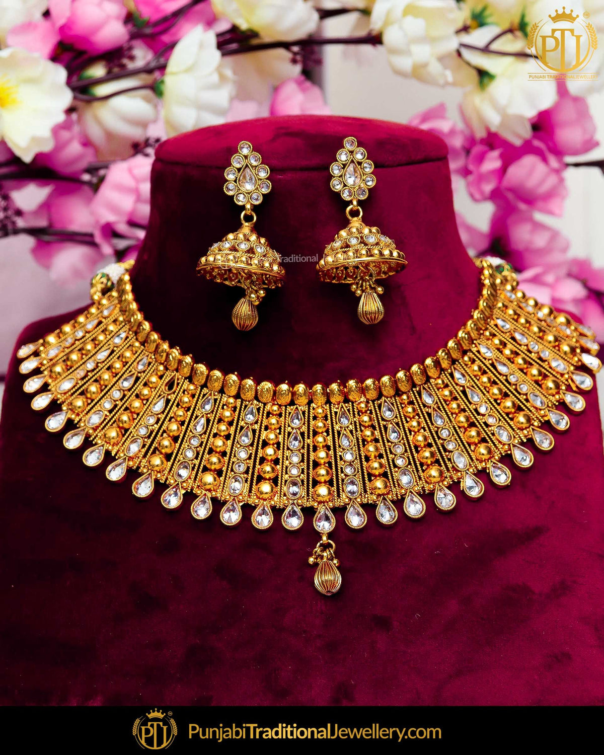 Antique Gold Finished Polki Johda Necklace Set  | Punjabi Traditional Jewellery Exclusive