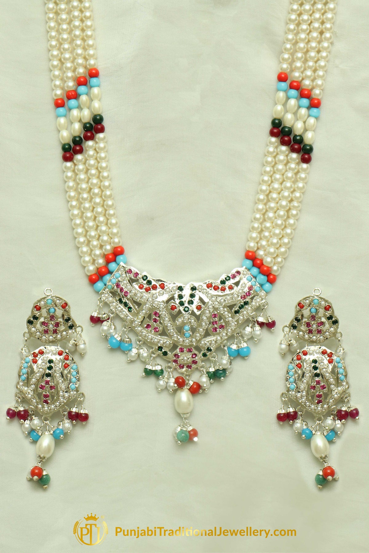 Silver Finished Navratan Pearl Jadau Necklace Set By Punjabi Traditional Jewellery