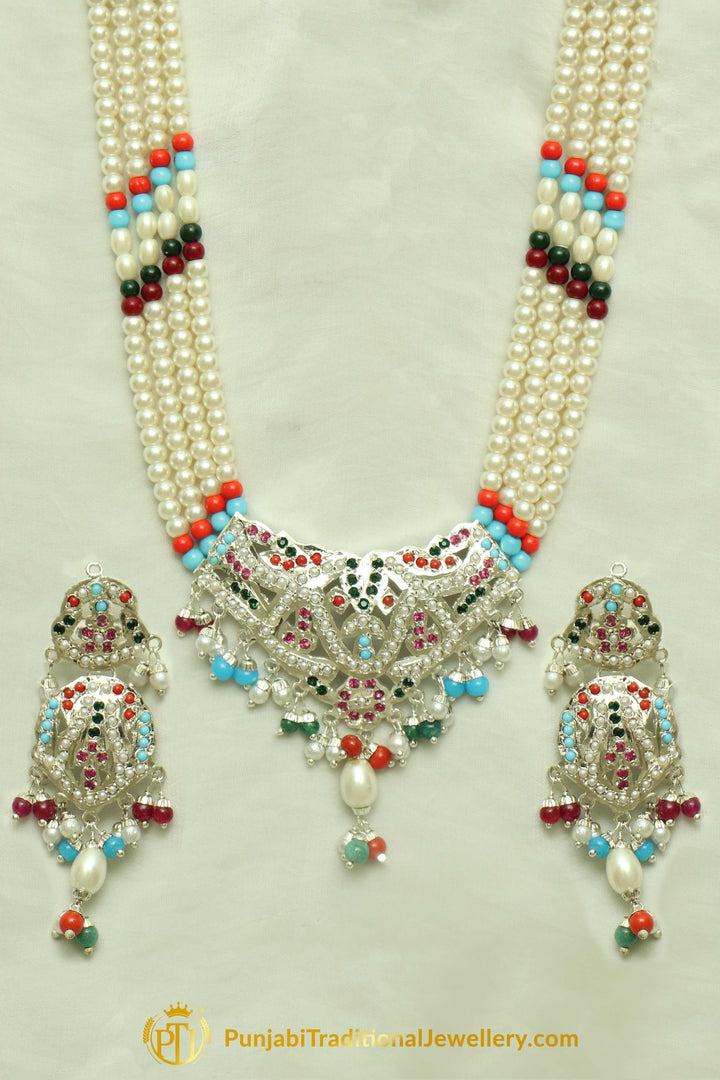 Silver Finished Navratan Pearl Jadau Necklace Set By Punjabi Traditional Jewellery