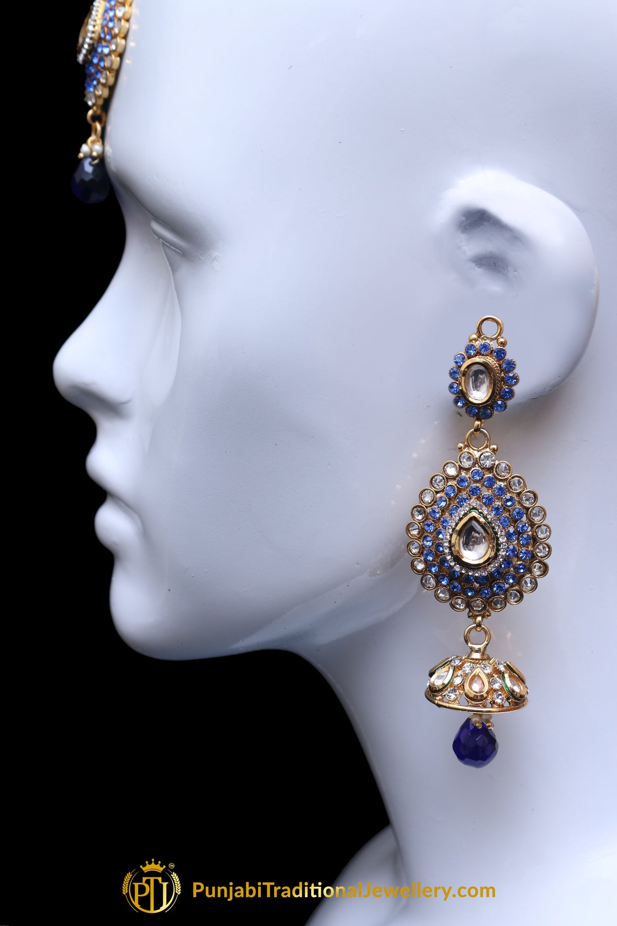 Blue Polki Earring Tikka Set By Punjabi Traditional Jewellery