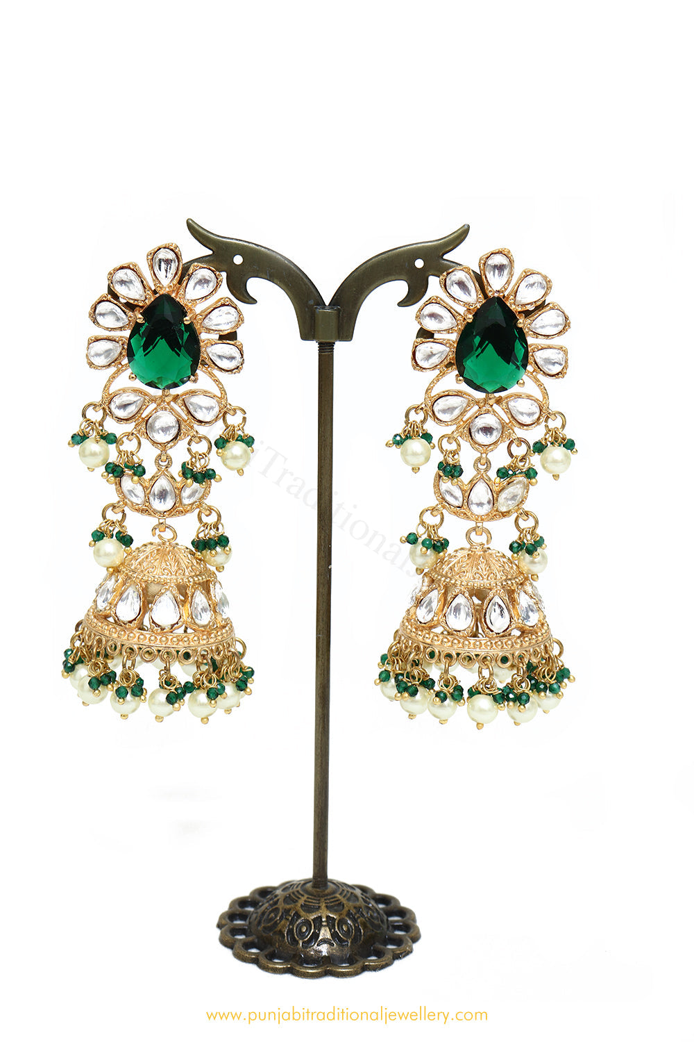 Gold Finished Emerald Kundan Earrings by PTJ