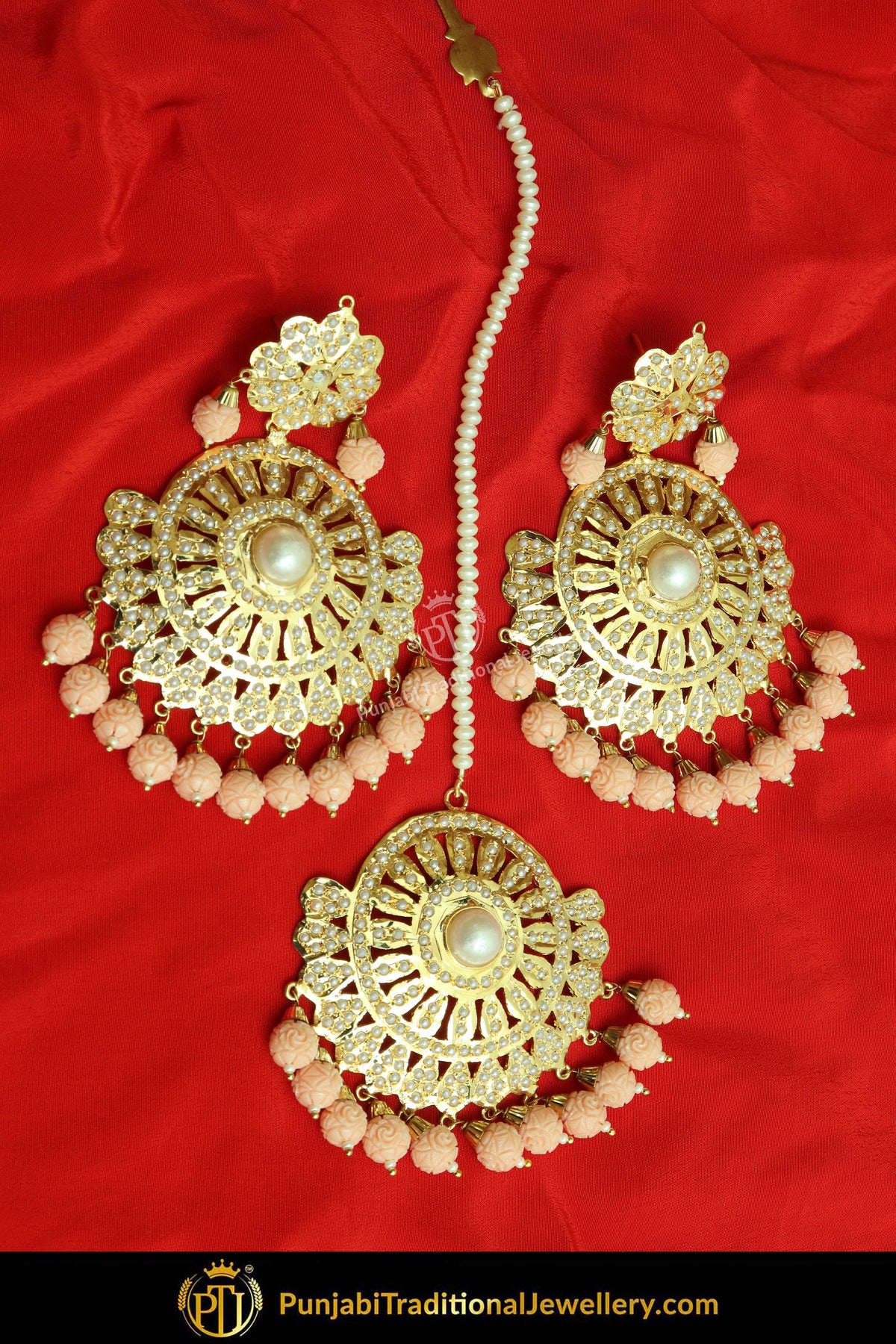 Gold Finished Peach Jadau Pearl Earring Tikka Set | Punjabi Traditional Jewellery Exclusive