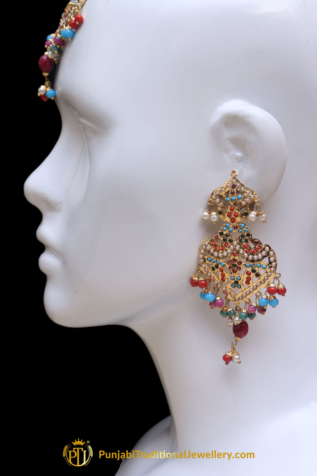 Multi Jadau Pearl Earring Tikka Set By Punjabi Traditional Jewellery