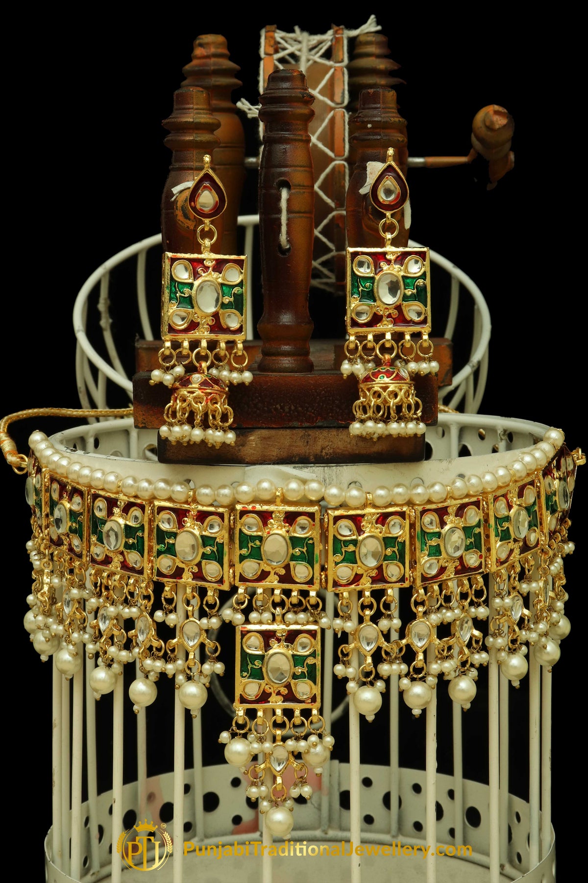 Green & Red Meena Kundan Pearl Choker Necklace Set By Punjabi Traditional Jewellery