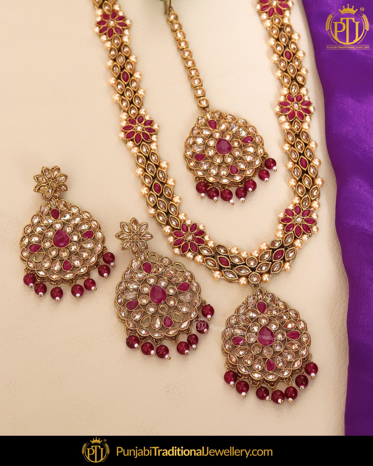 Gold Finished Champagne Stone Rubby Pearl Long Necklace Set | Punjabi Traditional Jewellery Exclusive
