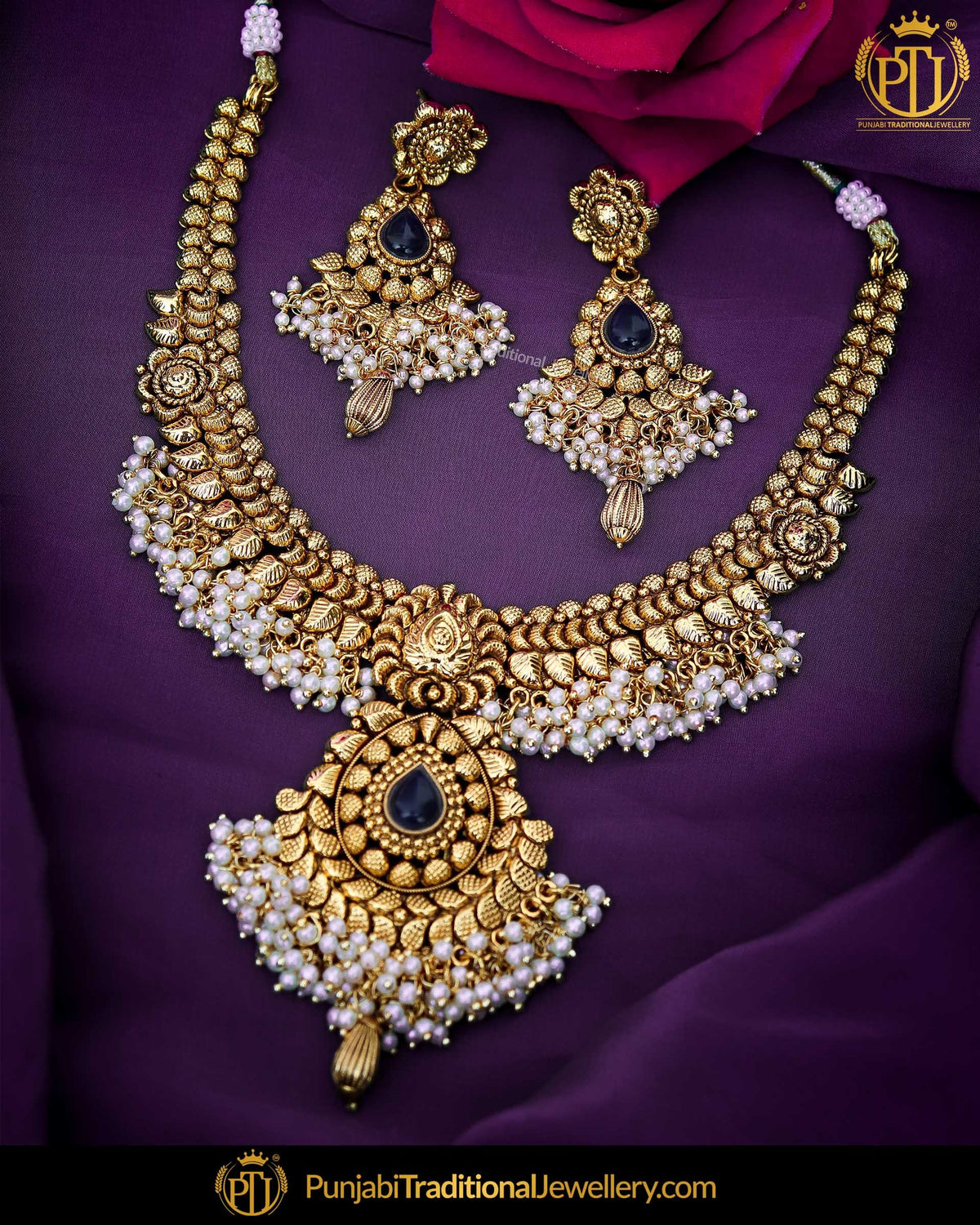 Antique Gold Finished Blue Kundan Pearl Necklace Set  | Punjabi Traditional Jewellery Exclusive