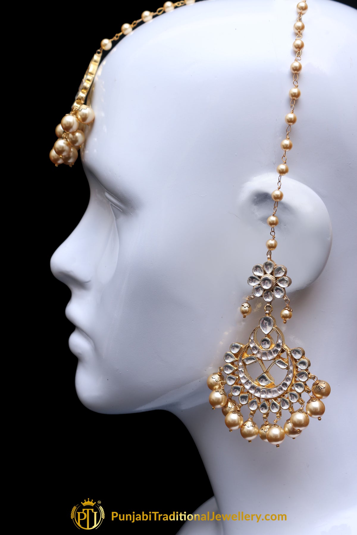 Golden Kundan Pearl Earring Tikka Set By Punjabi Traditional Jewellery